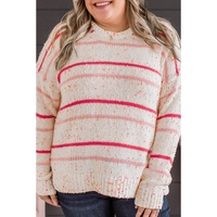 Pink Stripe Drop Shoulder Side Split Plus Size Sweater - 4X thumbnail