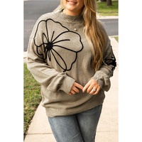 Dark Khaki Plus Size Big Flower Pattern High Neck Drop Shoulder Sweater - 3X thumbnail