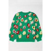 Green Plus Size Floral Knitted Ribbed Edge Drop Shoulder Sweater - 1X thumbnail