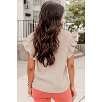 Oatmeal Plus Cable Knit Short Ruffled Sleeve Mock Neck Sweater - 1X thumbnail