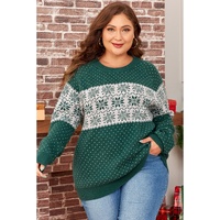 Green Christmas Snowflake Pattern Drop Shoulder Plus Size Sweater - 3X thumbnail
