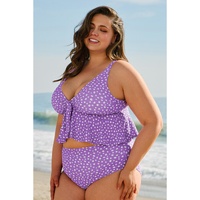Purple Plus Size Polka Dot Print Ruffled Knotted V Neck Tankini Set - 4X thumbnail