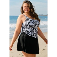 Black Plus Size Printed Square Neck Drawstring Ruffled Tankini Set - 2X thumbnail