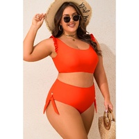 Orange Ruffled Trim Knotted High Waist Plus Size Bikini Set - 1X thumbnail