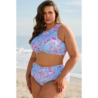 Sky Blue Plus Size Floral Print Twisted High Waist Bikini Set - 4X thumbnail