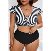 Black Stripe Plus Size Knot Cutout Ruffle Sleeve and High Waisted 2pcs Swimsuit - 3X thumbnail