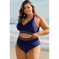 Navy Blue Embroidered Trim Wrap Tie Knot Plus Size High Waisted Bikini - 3X thumbnail