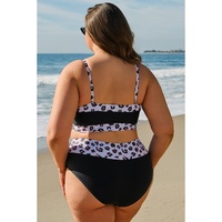 Black 2pcs Leopard Patchwork Plus Size High Waisted Swimsuit - 1X thumbnail