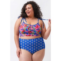 Blue Fashion Print Tied Straps Crop Vest and High Waist Plus Size Bikini - 2X thumbnail