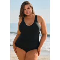 Black Solid Color U Neck Padded Plus Size One Piece Swimsuit - 2X thumbnail