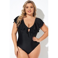 Black Ruffled Sleeve Lace-up V Neck Plus Size One Piece Swimsuit - 3X thumbnail