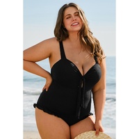 Black Plus Size Textured Knotted Ruffled Trim One Piece Swimwear - 2X thumbnail