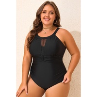 Black Halter Mesh Insert Knotted Back One Piece Plus Size Swimsuit - 3X thumbnail