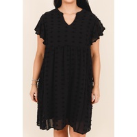 Black Dotty Textured Notched Neck Plus Ruffled Dress - 1X thumbnail
