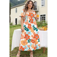 Orange Plus Size Flower Print Shirred Square Neck Maxi Dress - 2X thumbnail