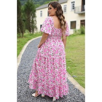 Pink Plus Size Floral Print Smocked Puff Sleeve Dress - 1X thumbnail