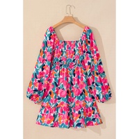 Rose Flower Print Smocked Square Neck Plus Size Dress - 2X thumbnail