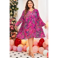 Rose Plus Size Abstract Floral Print Pleated Loose Dress - 1X thumbnail