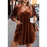 Coffee Plus Size V Neck Collared Pleated Back Rounded Hem Velvet Dress - 3X thumbnail