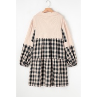 Black Plaid Waffle Knit Patchwork Collared V Neck Plus Size Mini Dress - 3X thumbnail