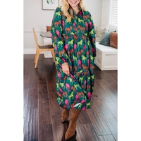 Green Horse Printed Long Sleeve Collared Buttoned Plus Size Midi Dress - 4X thumbnail