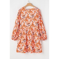 Orange Floral Print Split V Neck Bubble Sleeve Plus Size Midi Dress - 2X thumbnail