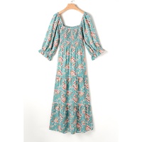 Green Plus Size Floral Print Square Neck Smocked Maxi Dress - 1X thumbnail