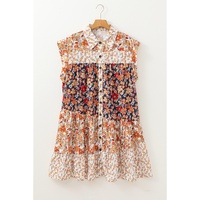 Beige Plus Size Floral Patchwork Button Front Collared Mini Dress - 1X thumbnail