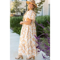Apricot Floral Print Puff Short Sleeve Resort Plus Size Maxi Dress - 2X thumbnail