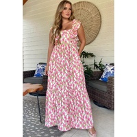 Pink Plus Size Ruffle Trim Square Neck High Waist Floral Maxi Dress - 1X thumbnail