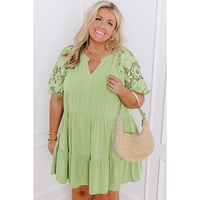 Laurel Green Floral Crochet Short Sleeve Notch V Neck Tiered Plus Size Mini Dress - 2X thumbnail