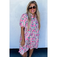 Pink Plus Size Floral Half Button Short Puff Sleeve A-line Dress - 1X thumbnail