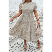 Beige Plus Size Leopard Print Frill Trim Short Sleeve Flared Dress - 4X thumbnail