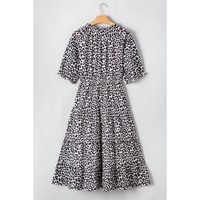 Brown Leopard Tassel Tied Neck Short Sleeve Plus Size Dress - 4X thumbnail