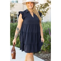 Navy Blue Collared V Neck Flutter Sleeve Tiered Plus Size Dress - 1X thumbnail