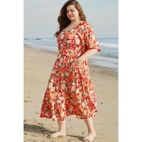 Orange Floral V Neck Flutter Sleeve Cinched Waist Long Plus Size Dress - 1X thumbnail