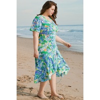 Green Leaves Print Short Sleeve Surplice Neck Ruffled Trim Plus Size Maxi Dress - 1X thumbnail
