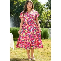 Pink Floral Print V Neck Pocketed High Waist Plus Size Midi Dress - 4X thumbnail