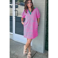 Rose Stripe Collared V Neck Puff Sleeve Shift T Shirt Dress with Pockets - 1X thumbnail