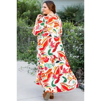 Orange Floral Print Drawstring V Neck Tiered Plus Size Dress - 1X thumbnail