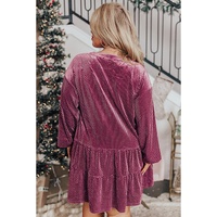 Meadow Mauve Plus Size Textured Velvet Tiered Buttons Tiered Dress - 1X thumbnail