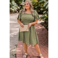 Grass Green Frilly Square Neck Flutter Sleeve Smocked High Waist Plus Size Dress - 3X thumbnail