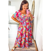 Rose Abstract Printed Puff Sleeve Square Neck Smocked Bust Tied Back Plus Size Dress - 4X thumbnail