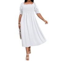 White Swiss Dot Smocked Frilled Neckline Short Sleeve Plus Size Dress - 2X thumbnail