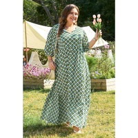 Green Geometric Floral Print Half Sleeve Plus Size Maxi Dress - 1X thumbnail
