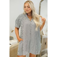 Black Stripe Short Sleeve Buttoned V Neck Pocketed Plus Size Mini Dress - 4X thumbnail