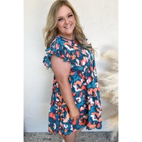 Blue Abstract Print Shirred Ruffled Short Sleeve Tiered Plus Size Mini Dress - 1X thumbnail