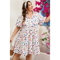White Polka Dot Print Bubble Sleeve Button Up Plus Size Shirt Dress - 4X thumbnail