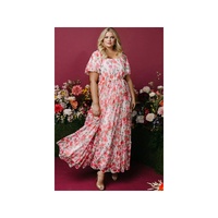 Pink Plus Size Floral Square Neck Puff Sleeve Ruffle Maxi Dress - 1X thumbnail