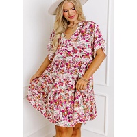 White Abstract Print V Neck Short Sleeve Ruffled Plus Size Mini Dress - 3X thumbnail